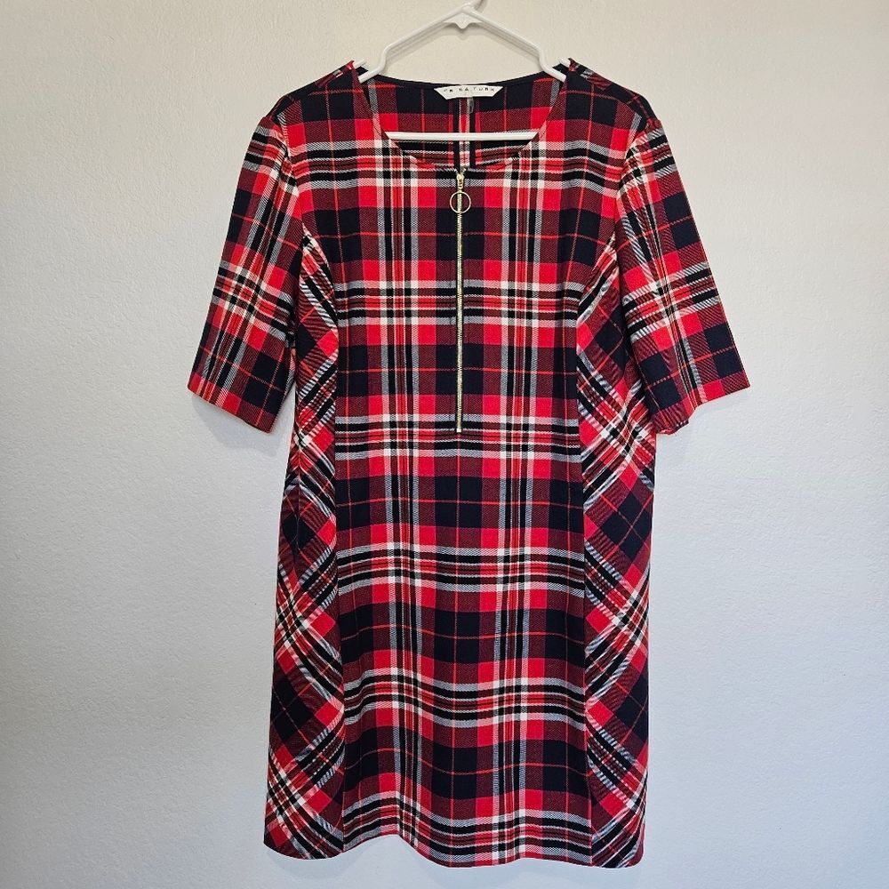 Trina Turk Truett Plaid Sheath Dress Gold Zipper Front Red Black Women 14